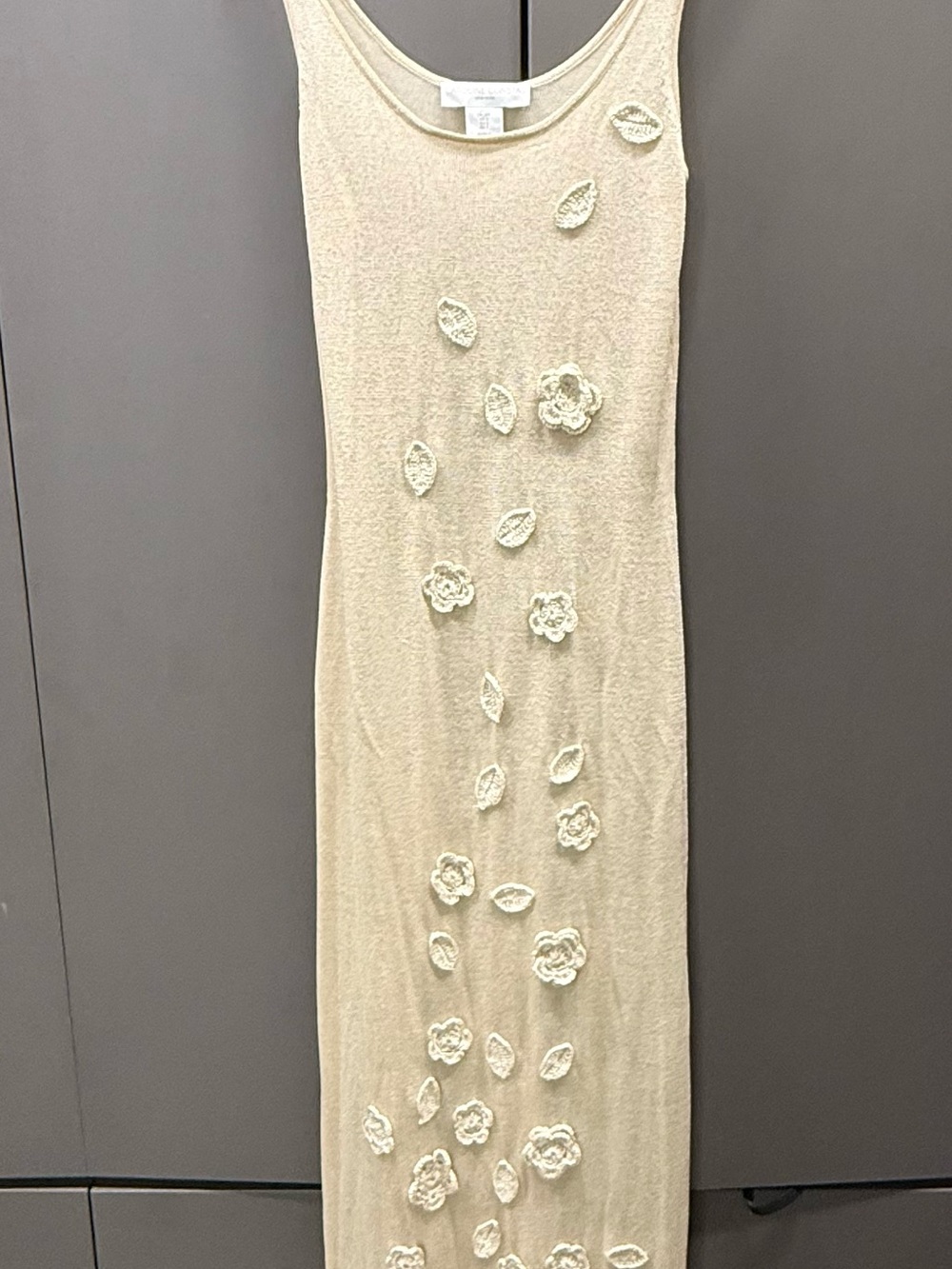 Caroline Constas Golden Hue Knit Maxi Dress with Floral Appliqués